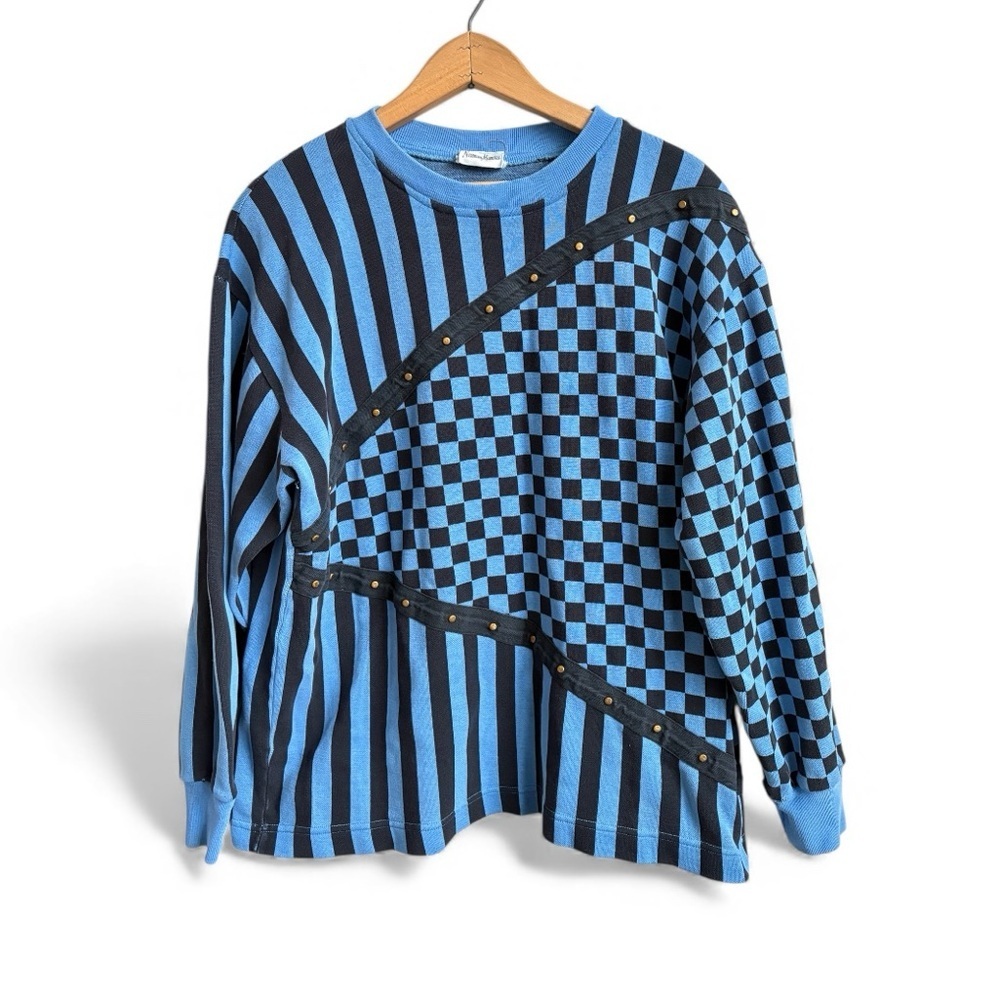 Vintage Neiman Marcus Checkerboard Stripe Studded Cotton Sweatshirt USA Made XL